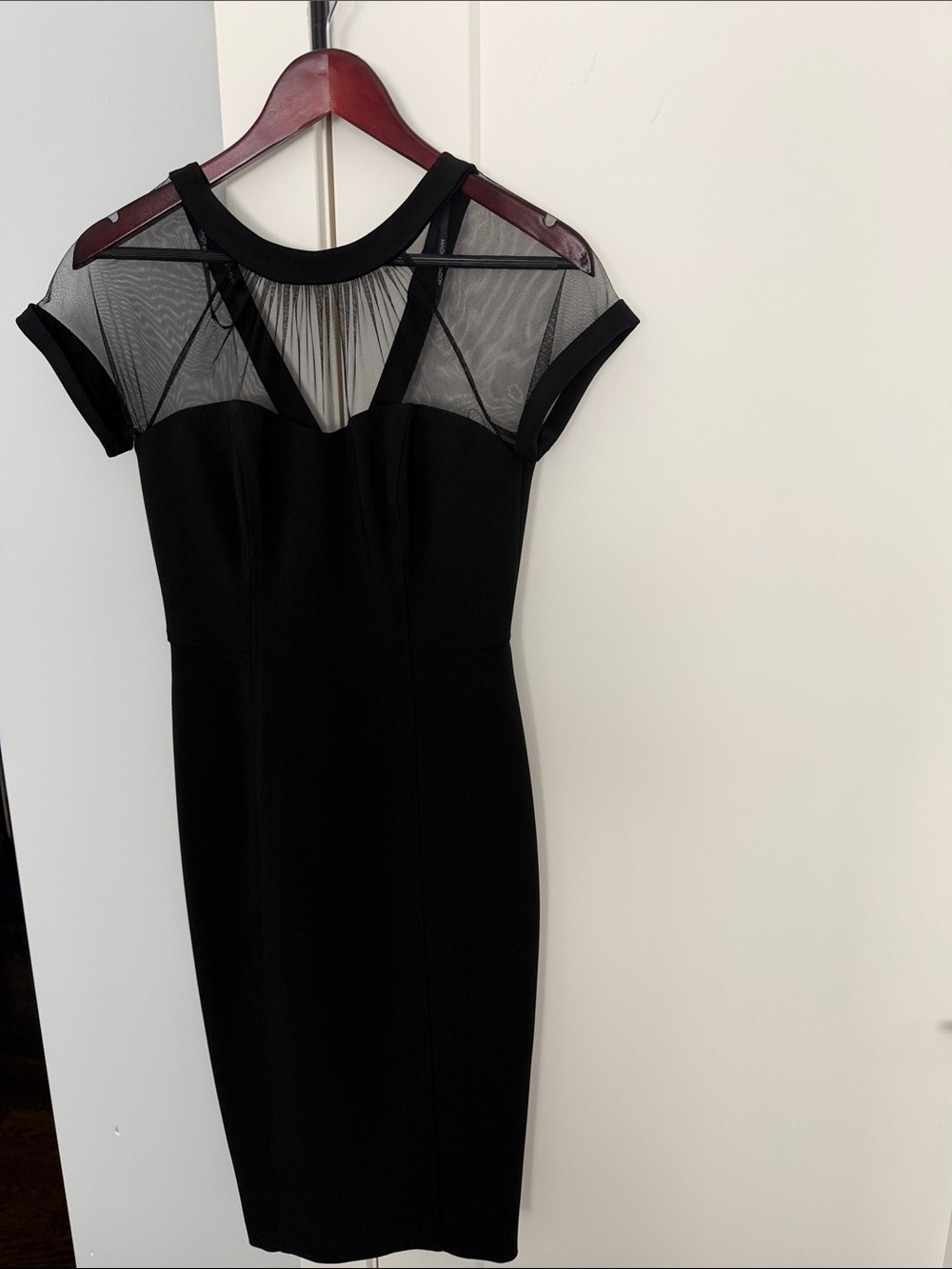 Maggy London Black Mesh Yoke Midi Sheath Dress